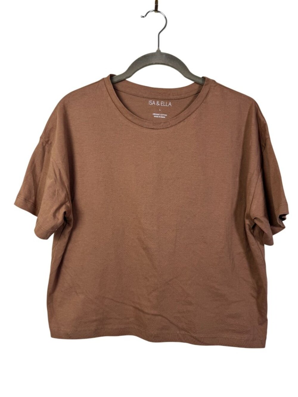 Isa & Ella Brown Organic Cotton Short Sleeve T-Shirt Size Large Boxy Semi crop